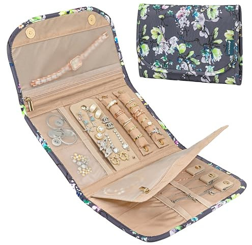 PAVILIA Travel Jewelry Case Organizer, Foldable Jewelry Travel Roll Bag, Small Jewelry Travel Pouch Wallet for Earrings, Rings, Necklaces, Bracelets, Travel Packing Accessories (Floral Gray)