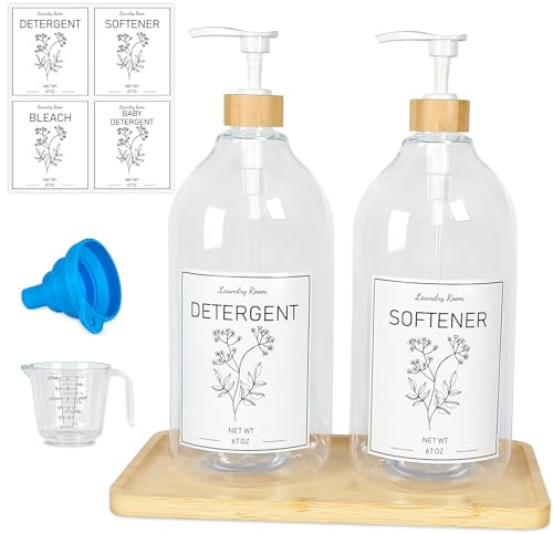 LANLISA Dispenser per bucato liquido, contenitore per la decorazione della fattoria, con pompe, imbuto pieghevole, etichette e vassoio in bambù