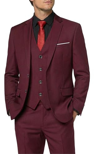Hihawk Men's 3 Piece Suit with Tie, 2 Button Slim Fit Solid Blazer Jacket Vest Pants, Business Wedding Party Suits for Men, Burgundy Large