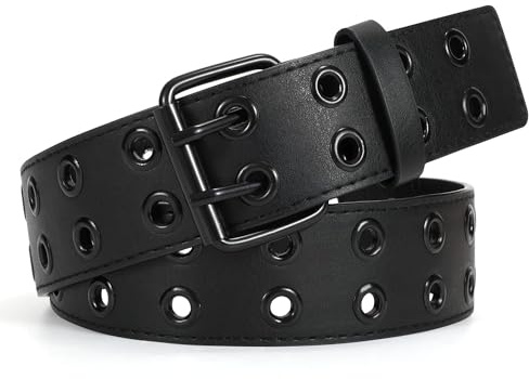 JasGood Cinturón punk con remaches para hombre y mujer, con doble orificio, con estilo punk, para cosplay, cinturón de hip hop, cinturón de falda para trajes góticos, hebilla negra, 105cm(28-34)