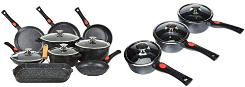 Kamberg - Set Lot Batterie de cuisine 24 pièces - Fonte d'aluminium - Revêtement pierre - Tous Feux dont Induction - 52 x 43 x 3 cm & Set 3 Casseroles Gris 16/18 / 20 cm - Manche Amovible