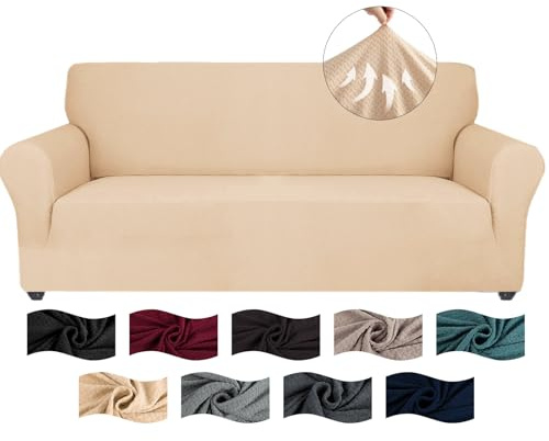CYCMACO High Stretch Sofa Überzug 3 Sitzer, Sofabezug rutschfest, Couch Bezug Elastischer, Jacquard Sofahusse Mit Armlehnen, Universal Sofa Covers, Couchüberzug Waschbare, Beige Gelb