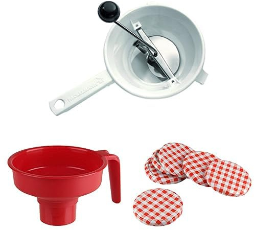 Fackelmann Set Conserve di Pomodoro, Passaverdura con 2 dischi in acciaio inox Imbuto bocca larga in Plastica rossa e Set da 6 Coperchi per Vasetti in Alluminio a quadretti