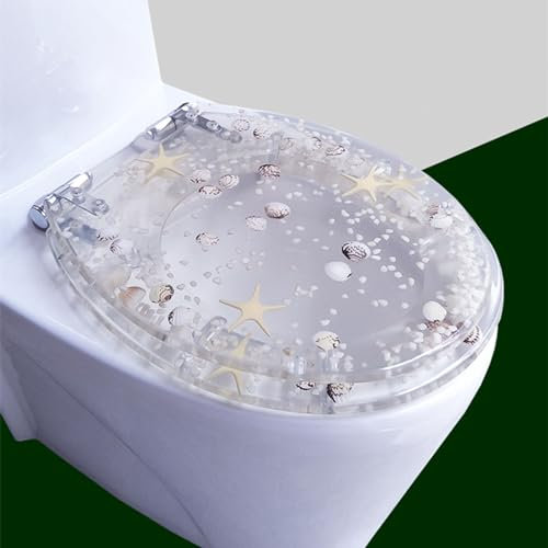 FUNRIN Toilettendeckel, WC-Tankabdeckungen, Transparenter Harz-WC-Sitz Echte Muscheln und Sande Anti-Bakteriell Einstellbare Edelstahl-Scharnier-WC-Deckel-Abdeckung Langsam Soft Close Top Mount,18