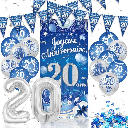 DPKOW Français Décorations Anniversaire 20 ans Homme Bleu Argenté, Banderoles Bannière Joyeux Anniversaire 20 ans Ballon en Foil Latex de Confetti Déco
