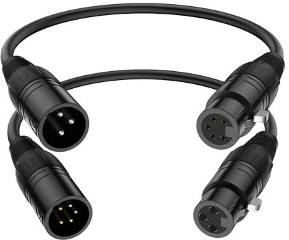 J&D XLR Cable 2-Pack, 3 Pin to 5 Pin Adapter (Male to Female & Female to Male) - DMX Microphone Cable for Audio & Stage Lighting, DMX512 Light Turnaround, 30 cm