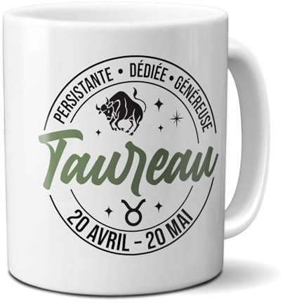 DECOHO - Tazza con segno zodiacale Toro - 33 cl, ceramica - Stampa in Francia - Bianco