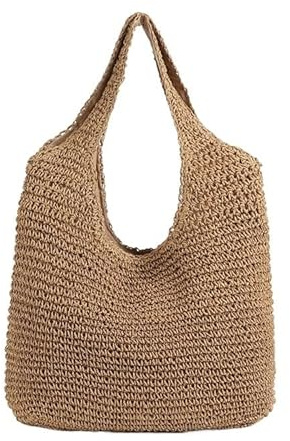 RaamKa Strohtasche Mode Stroh Frauen Umhängetaschen Papier Gesponnene Weibliche Handtaschen Große Kapazität Sommer Strand Stroh Taschen Casual Tote Geldbörsen Runde Strohtasche (Color : Brown)