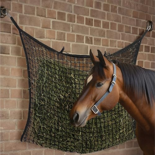 Navaris Red Henera para Caballo - 1x Comedero para Caballos Capacidad 17 kg - con 2 Mosquetones de Hierro - Redes Comedero de Heno y Pienso de 100 x 160 cm para Caballos - Negro