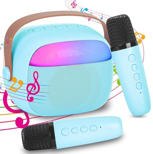 Karaokemaskin för barn med 2 trådlösa mikrofoner, bärbart KTV-system med Bluetooth, högtalare med röstväxlande effekter och LED-lampor, pojkar, flickor, gåvor, hemmafest