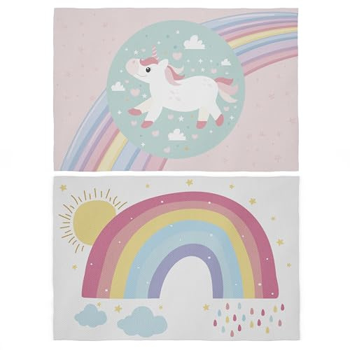 Kaidensi – manteles individuales para niña – 2 manteles individuales unicornio y arcoíris – 30 x 45 cm – Mantel de mesa de tela de oficina para niña
