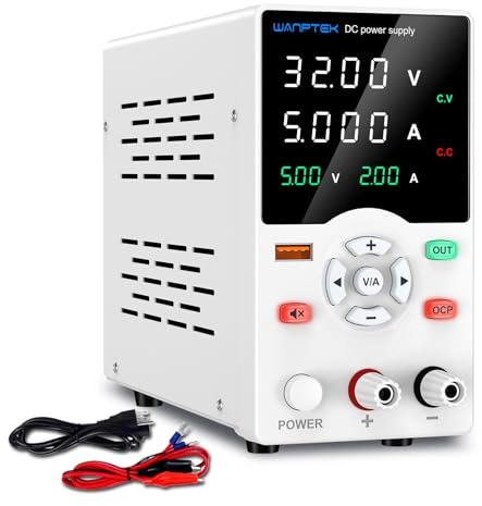 WANPTEK POWER Fuente de Alimentacion Regulable 30V 5A Fuente de Alimentación con Botón Ajustable, Fuente de Laboratorio con Protección OCP/Botón de Salida/Carga Rápida USB 18W /Modo Silencio