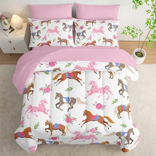 HOSIMA 7Pcs Kawaii Pink Rose Horse Twin Comforter Set with Sheets Princess Bedding,Cute Animal Twin Bedding Sets for Girl Teen Aesthetic Room Decor,Colorful Pony Bed in a Bag with 4 Pillowcases.