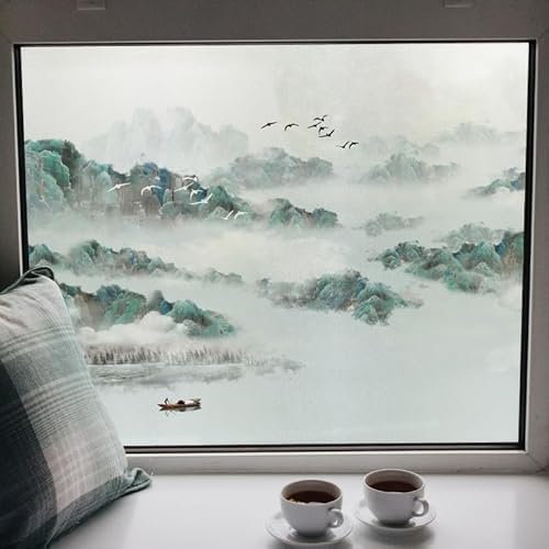 Film Opaque Fenetre Paysage Chinois Vert Brise Vue Fenetre Stickers Fenetre Film Vitre Anti Regard Film Electrostatique Vitre pour Bureau Maison Film Opaque Vitrage 4Pcs (58x60 cm)