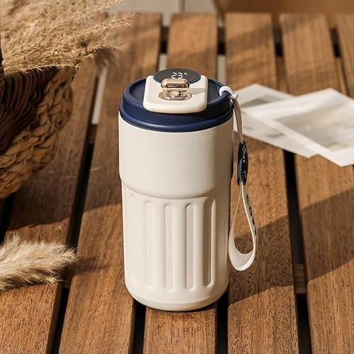 Mug Isotherme avec Indicateur de Température LED, 450 ml Tasse Isotherme, Thermos Cafe Isotherme, Tasse Isotherme sans BPA, Mug Cafe de Voyage Etanche (Blanc avec Bleu)