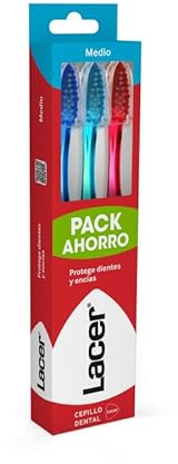 LACER - Pack de 3 Cepillos de Dientes, Cerdas Medias, Filamentos Tynex con Puntas Redondeadas, Mango Ergonómico Antideslizante