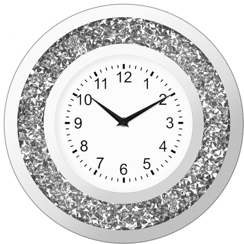 Wanduhren Modern Wohnzimmer Glitzer Wanduhr ohne Tickgeräusche Silber Luxus Diamant Wanduhr Oktagon 35 cm Glitzer Kristall-Uhr mit Stillem Quartzwerk Bling Bling Kristall Deko Uhr (Rund)
