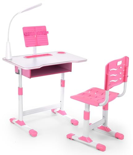 Oyajia Kids Desk and Chair Set, Adjustable Height Study Table Set, Children's Table & Chair Sets with lamp, Drawer, Book Stand, Pen Slot - Pink.