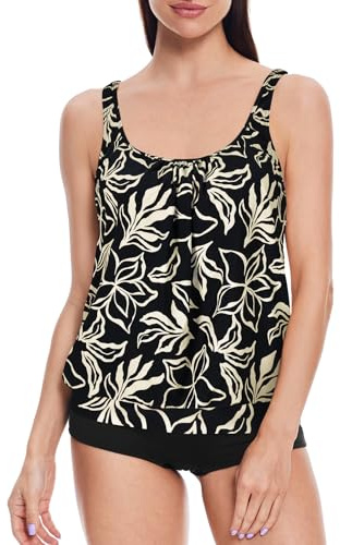 loginsummer Maillot de Bain Femme 2 Pieces, Ensembles de Tankini pour Femme Grande Taille, Tankini Taille Haute avec Short de Garçon, Maillot de Bain Gainant Le Ventre（Fleur d'or,EU44）