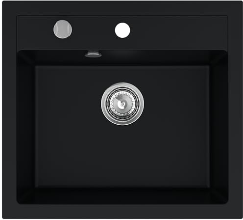 SINK QUALITY Granit Spülbecken schwarz 56 x 51 cm - inkl. Siphon automatisch und Impregnate - Waschbecken für Küche - Spüle für 60 cm Unterschrank Granitspüle für Küche