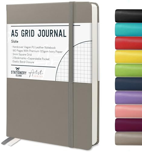STATIONERY ISLAND Notizbuch A5 Kariert, Journal Hardcover mit 120 g/m² Dickem Papier, 180 Seiten Tagebuch, Notebook a5 für Mädchen, Reisetagebuch, Planen, Lernen, Grau