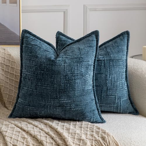 Madizz 2er Set Chenille Dekorativ Kissenbezüge Weiche neutrale Wurfkissen für Sofa Boho Akzent Zierkissenbezüge für Schlafzimmer Wohnzimmer Modernes Zuhause Dekor Blau 45x45 cm