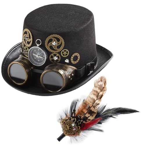 OFC Lenw Steampunk Zylinder Hut mit Brillen-Zahnrädern, Unisex Gothic Steampunk Kostümzubehör für Herren und Damen, Perfekt für Halloween, Cosplay, Karneval und Mottopartys
