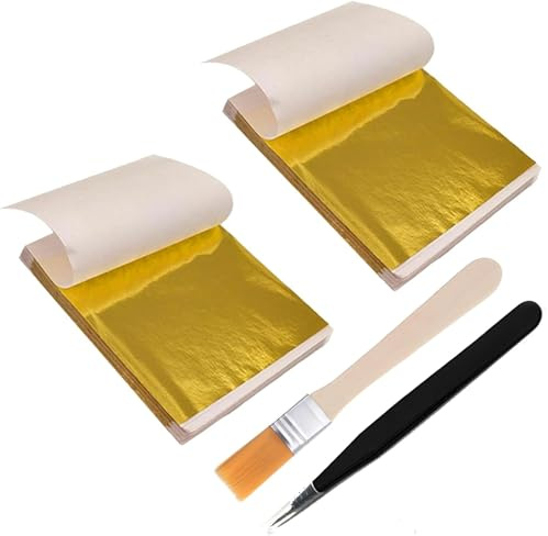 200 Sheets Gold Leaf, Imitation Gold Leaf Edible for Cakes, With Brush And Tweezers for Cakes Drinks Beauty Routine Makeup Health Spa Art Craft Work Decoration (8.5cm*8cm)