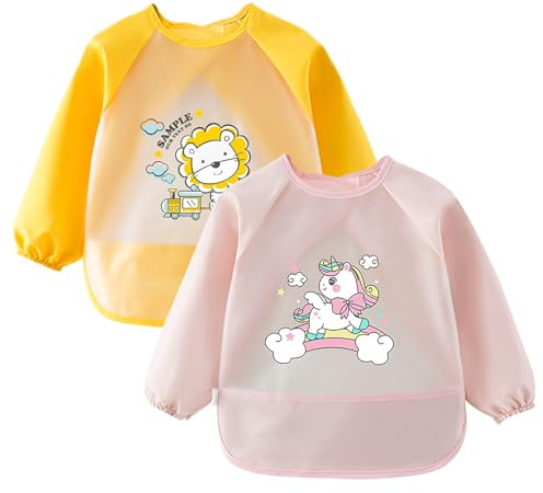 Baberos Bebe Impermeables, Pack de 2 babero con mangas, rosa y amarillo