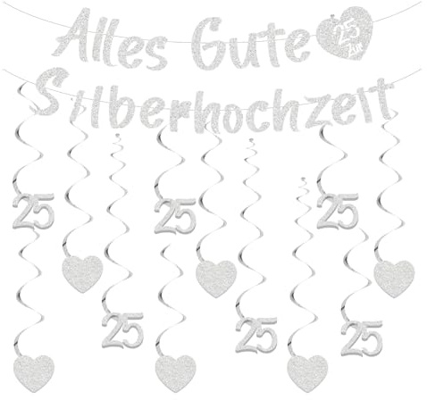 25 Stück Deko Silberhochzeit, Deko zur Silberhochzeit Girlande, 25 Deko Silberhochzeit Silber Wirbel, Silberhochzeit Herzen Girlande, Wirbel Deko Spiral für Geburtstag,Hochzeit,Jubiläum Oder Partydeko