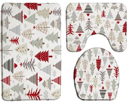 Badgarnitur 3 Teilig Weihnachten Rot Grau Weihnachtsbaum Schneeflocke Frohe Weihnachten U-Form Toilettenmatte Toilettensitzbezug Schnell Trocknend,Mikrofaser für Badezimmer Dekoration