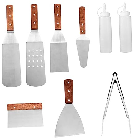 Toyvian Ustensiles pour Barbecue en Acier Inoxydable 9 Pièces Poignées en Bois pour Barbecue en Plein Air Cuisine Maison Kit Complet Léger Et Compact