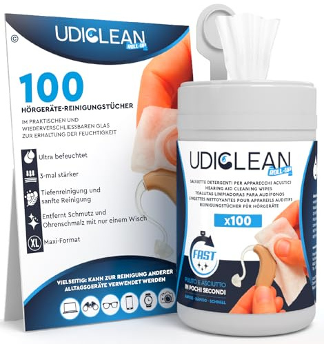 100 Reinigungstücher Hörgeräte Reinigungsmittel Luftbefeuchter Udiclean - Feuchtigkeitssparenden Wiederverschließbaren Spender Super Widerstandsfähige Maxi-Tücher Reinigung Ohrenschmalz Fett Schmutz