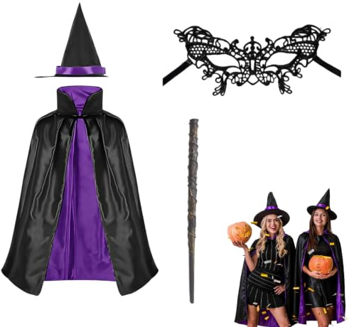 OZNXWRYY Cape et Chapeau Sorcière Double Face Violet Noir pour Enfants Adultes, Déguisement Magicien avec Masque et Baguette pour Halloween Cosplay Carnaval Noël Soirée Déguisée