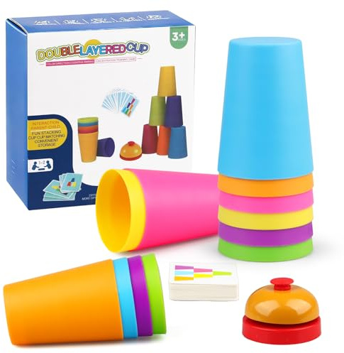 Powmag Quick Stacking Cups Spiele, Stapelspiel mit 12 Speed Cups, 50 Karten und 1 Klingel Anrufen, Becher Stapeln Training Stapelbecher, Interaktive Eltern Kinder Spielzeug (Klein)