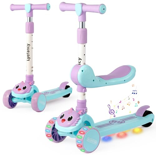 Lyefancy 3-Rad-Roller für Kinder im Alter von 2–8 Jahren, 2-in-1-Kinderroller mit abnehmbarem Sitz, Klapproller mit Musik und leuchtenden Rädern, höhenverstellbar(Grün + Lila)
