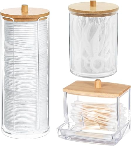 CANGCANG 3 Stück Wattestäbchen Behälter,Wattepads Spender mit Bambusdeckel,Wattepads behälter,Transparent Kosmetik Schminktisch zubehör,Eleganter Ordnungshilfe für Ihr Badezimmer