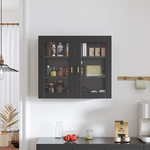 KEEPREAPER Hängeschrank 70cm Küchenhängeschränke mit 2 Glastüren Schwarz | Wandschrank für Gewürze, Medizinschrank & Apothekerschrank Wandmontage, Geeignet für Küchen, Wohnzimmer, Flur