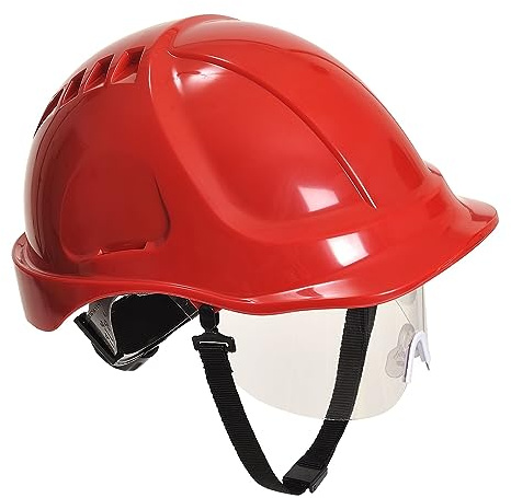 Portwest PW54 Endurance Plus Casque de Chantier à Visière Rétractable Casque de Sécurité Électricien Coque ABS Non Ventilée Harnais 6 Points Visière de Protection Isolation Électrique BTP, Rouge