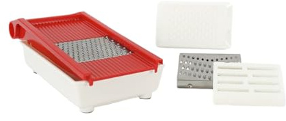 Rigamonti Magic Grater Reibe mit Auffangschale - Mit 3 Einsätzen und Fingerschutz zum Reiben von Käse, Brot, Schokolade, Gemüse und Obst - Zerlegbar und spülmaschinenfest