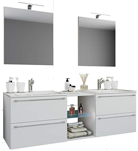 VCM Set di mobili da Bagno 3 Pezzi Doppio lavabo 2 lavabi Badinos XXL Bianco