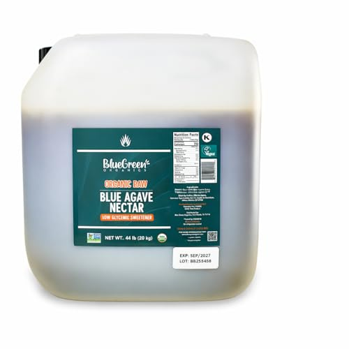 BLUE GREEN ORGANICS 44 lb Raw Blue Agave Nectar, Organic Bulk Natural Sweetener, 4 Gallon Container for Restaurants & Home Use, Low Glycemic Sugar Alternative