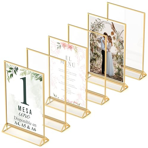 Dasher Products Cadres Photos Dorés Double Face - Pack de 6 - Porte-numéros de table dorés en acrylique, chevalets de table transparents pour affiche, porte-menus, cadres photos (A4)