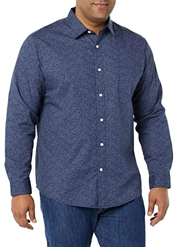 Amazon Essentials Men's Long-Sleeve Regular-Fit Stretch Poplin Shirt, Navy Floral, Medium