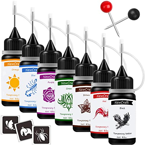 Temporary Tattoo Ink and Stencils for Adults Teens, Temporary Tattoo Kit Skin Friendly - Black Red Brown Green Purple Blue Orange