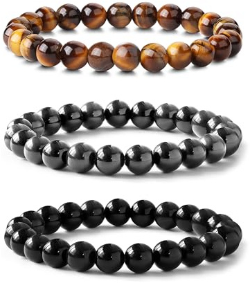 Adramata 3Pcs Bracelet Pierre Naturelle Femme en Pierre Naturelle de 8MM Perle Bracelet Anti Stress Élastique Empilable Pour Femmes Et Hommes - Tigre/Obsidienne Noire/Hématite Naturelle Bracelet