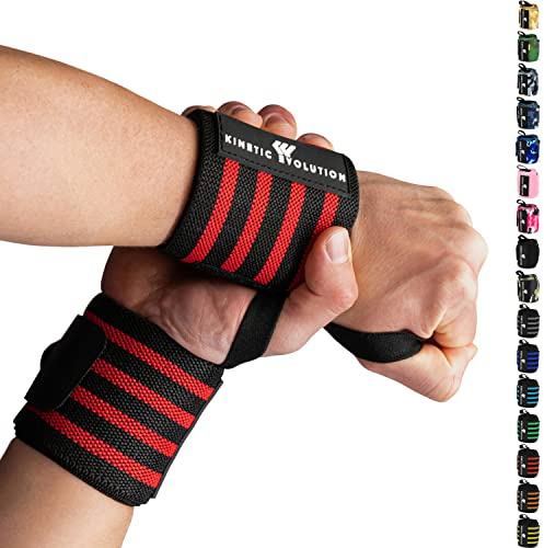 KINETIC EVOLUTION Sport Handgelenkbandagen [1 Paar] Wrist Wraps. Ideal für Bodybuilding, Fitness, Gewichtheben, CrossFit, Powerlifting, Training (Rot Streifen)