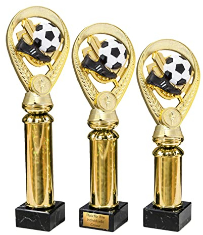 eberin – Fußball Pokal mit Gravur für Ihre Siegerehrung – Trophäe Award Pokal schwarz Fußballschuhe mit Goldsäule auf edlem Marmorsockel – In 3 Größen erhältlich