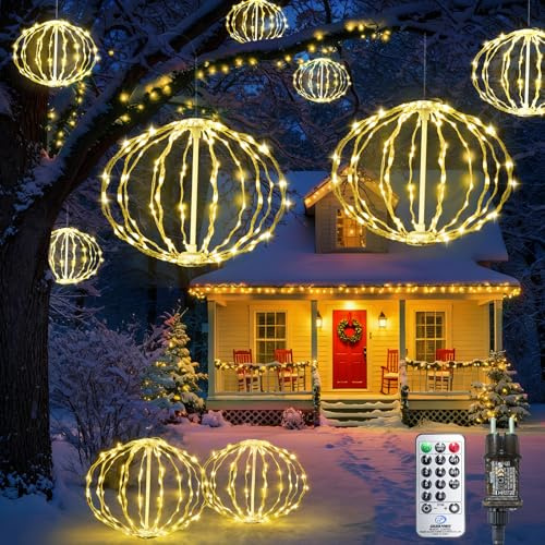 Lichterkette Außen 2 Stück 30cm Faltbare Große Kugeln Weihnachtsbeleuchtung | Globe Lichterkette Weihnachtsbaum mit Fernbedienung Timer, Warmweiß Hängende Leuchtkugel für Garten Party Haus Weihnachtsdeko