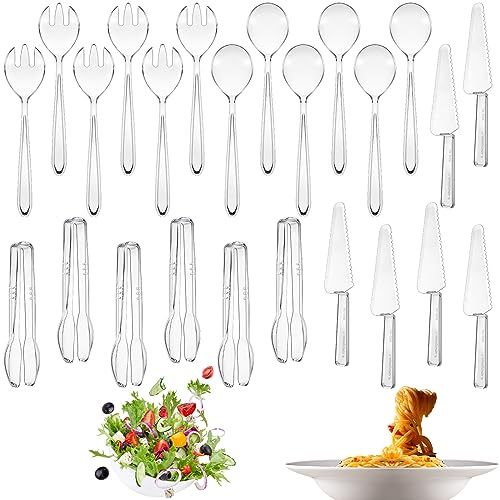 Lanties 24 Pcs Disposable Plastic Serving Utensils Set 6 Each 9.7 Serving Spoons Forks 9.5 Knife and 6.3 Tongs for Wedding Graduation Party Birthday Catering Buffet Supplies(Clear)